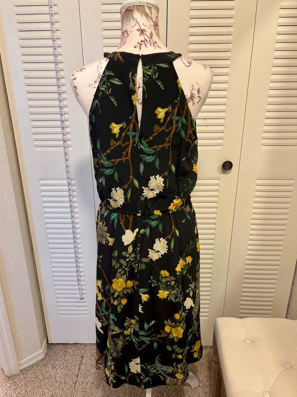 Kobi Halperin Black Floral Halter Midi Dress with Yellow and White Flowers